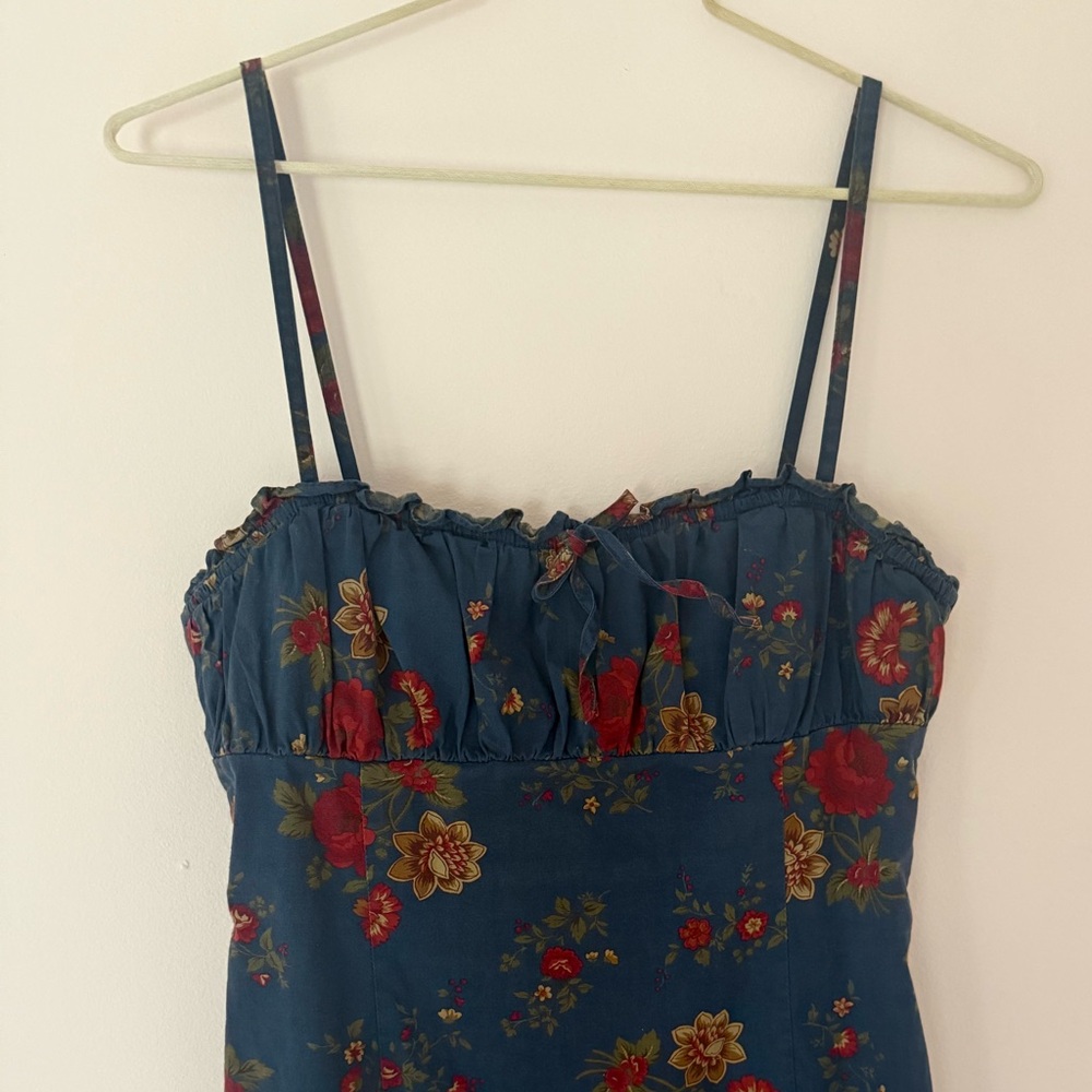 Ralph Lauren Blue Mini Babydoll Dress with Red Floral Print - Picture 2 of 13
